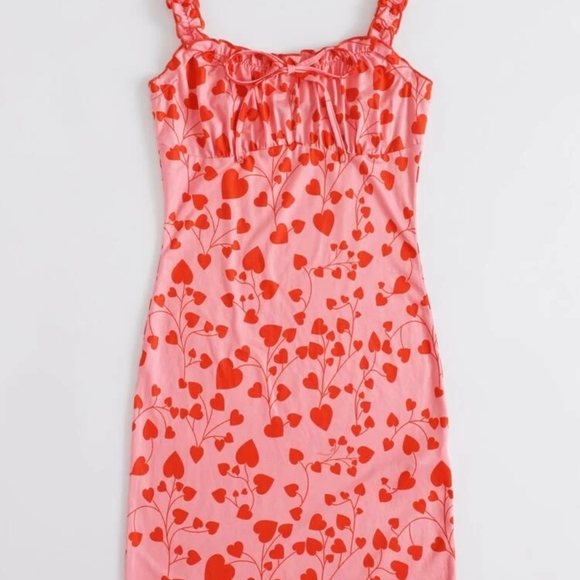 XS Shein Runched Milkmaid Pink Bodycon Dress with Red Hearts and Ruffled Straps - Picture 2 of 10